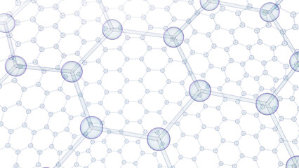 Spheres shredded into fine hexagonal atoms of clear blue under white background. Concept 3D CG of high-precision strength analysis, blockchain information technology and social human relations.