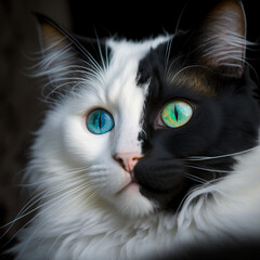 A beautiful color photograph, a half white half black cat, the cat has short but very silky hair, Generative IA