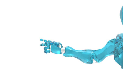 Detailed appearance of the clear blue AI robot under white background. Concept 3D CG of automatic operation, optimization and block chain. PNG file format.