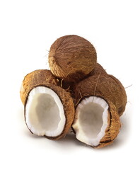 several coconuts on white background, one of them opened