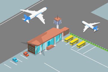 3D Isometric Flat Vector Conceptual Illustration of Airport Terminal , Jet Transport