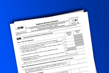 Form 2106 documentation published IRS USA 11.15.2021. American tax document on colored