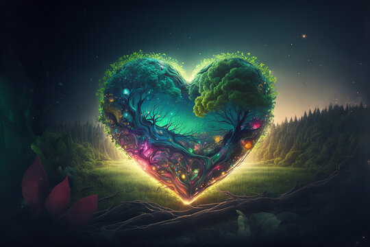 A heart time portal in an enchanted forest with a view to a magnificent aurora borealis of vibrant hues - Generative Ai