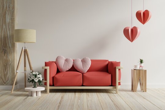Valentine interior room have red sofa and home decor for valentine's day.