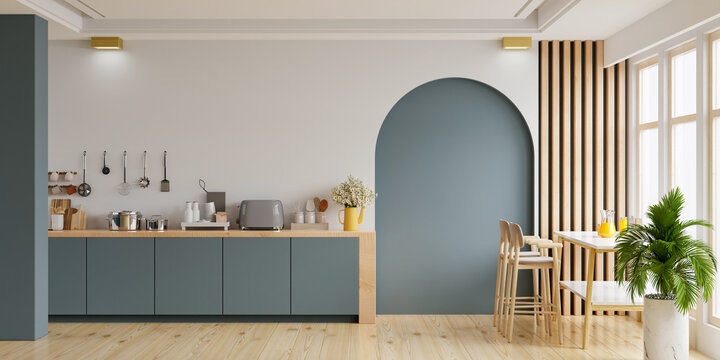 Modern style kitchen interior design with dark blue wall,dining room interior design.