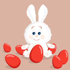 Cute white fluffy bunny sitting among Easter red eggs. Cartoon vector illustration.