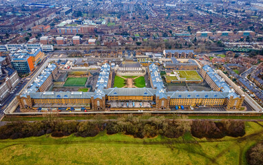 The aerial view of HM Prison Wormwood Scrubs, a Category B men's local prison, located in Hammersmith, London