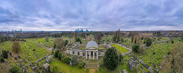 Aerial view of St Mary's Catholic Cemetery, located on Harrow Road, Kensal Green in North West...