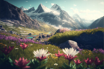 Idyllic mountain landscape in the Alps with blooming
