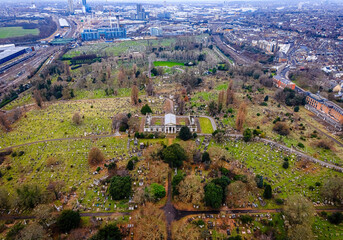 Aerial view of St Mary's Catholic Cemetery, located on Harrow Road, Kensal Green in North West London, UK