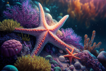 Sea stars underwater landscape. colorful marine life, ocean floor. Generative AI
