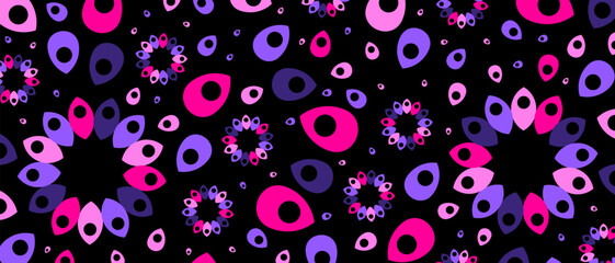 Fototapeta na wymiar Abstract flowers and petals illustration pattern. Horizontal pink and black patterned background. Abstract vector backdrop.