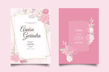   romantic pink flower Wedding invitation card template set with beautiful  floral leaves Premium Vector