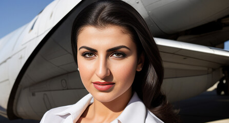 Armenian woman as a Aircraft systems mechanic airplane in background tarmac outside model serious close up portrait generative ai