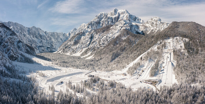 Ski Jump in Planica near Kranjska Gora Slovenia at winter. Aerial Panorama