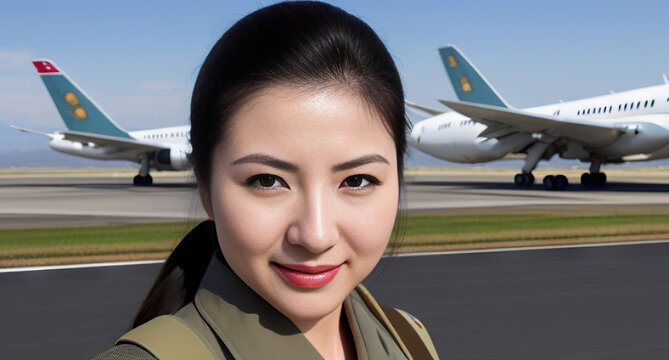 Japanese Woman As A Airfield Operations Specialist  Outside Runway With Airplanes In Background Close Up Portrait Generative Ai Tarmac