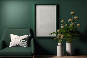 Beautiful living room with dark green wall color background, Generative AI