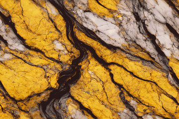 Close-up of a gold and white marble surface with a rough texture. Cracked and distressed, it makes a perfect background for design projects.