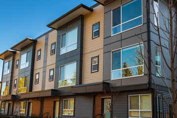 New residential townhouses. Modern apartment buildings in BC Canada. Modern complex of apartment buildings