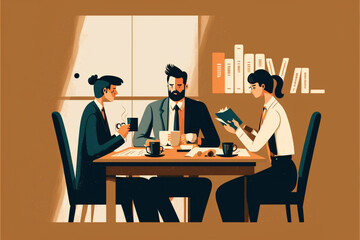 A simple flat vector illustration of three business people brainstorming around a wooden table. There are cups of coffee on the table . Generative IA