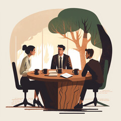 A simple flat vector illustration of three business people brainstorming around a wooden table. There are cups of coffee on the table . Generative IA