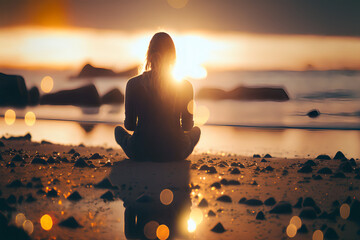 A woman meditating in the lotus position in a beach in sunset. Yoga. Blurred background. Generative AI. - obrazy, fototapety, plakaty