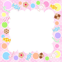 サンバーストとドットに丸とお菓子をちりばめたカラフルな背景にもこもこの吹き出し―フレーム
