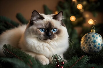 Festive Feline Digital Portrait of a Ragdoll Cat with Christmas Tree Generative AI - obrazy, fototapety, plakaty