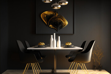Modern dining room interior design with a black wall,  Generative AI