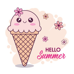Hello summer hand drawn card. Cute cartoon kawaii ice cream cone character with flowers on a beige background.