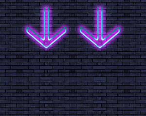 neon light arrows downward against dark brick wall copy space,3D illustration