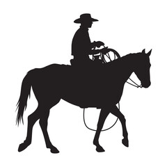 A vector silhouette of a working ranch cowboy riding a horse. The cowboy is holding a lasso rope.