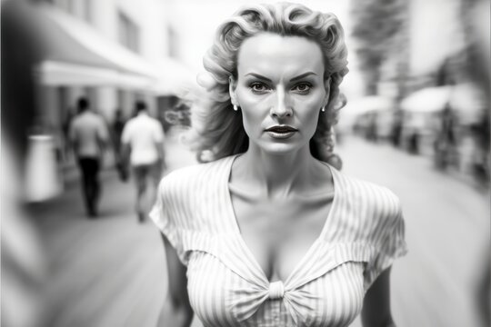 young woman walking in Los Angeles in 1954. monochromatic vintage. This image was created with generative AI,