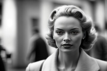 Fototapeta premium young woman walking in Chicago in 1955. monochromatic vintage. This image was created with generative AI 