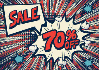 70 Percent OFF Discount on a Comics style bang shape background. Pop art comic discount promotion banners.