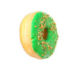 Sweet tasty glazed donut decorated with nuts isolated on white