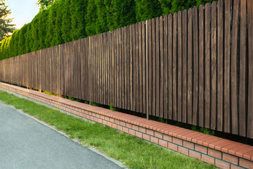 Green trees behind beautiful wooden fence outdoors