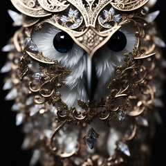 closeup of an owl with gold helmet with lots of jewels encrusted very detailed, generated by AI