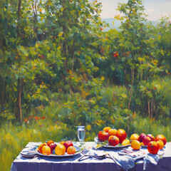 oil painting of a forest with a fruit table and several trees behind, AI generated