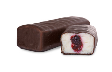 Cut and whole glazed curds with berry filling isolated on white