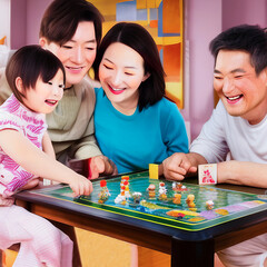 Happy Asian Korean family playing a game together. Made with generative AI.	