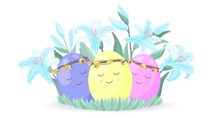 Easter eggs and lily flowers on the grass isolated vector illustration on white. Cute egg characters in lily flower garden drawing in colorful cartoon style. 