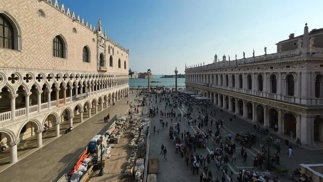 Time lapse in evening light from Piazetta San Marco overlooking the Grand Canal in Venice, Italy
