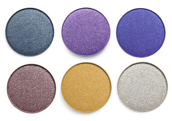 Collage of beautiful different eye shadow refill pans on white background