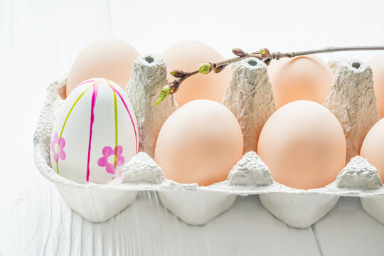 Easter eggs in egg carton. One egg painted by hand and cherry branch with buds that blossom
