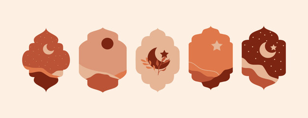 Islamic window mountain landscape. Modern arabian arch oriental style, abstract boho minimal art. Ramadan arch with boho style.