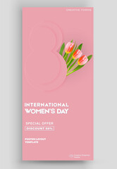 Ticket vector template layout 8 March. International Women's Day Illustration Concept. Great for poster, cover, art, tickets, prints, etc. Place for text