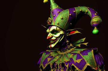 An illustration of a Mardi Gras jester ready to perform. AI generated art.  - obrazy, fototapety, plakaty