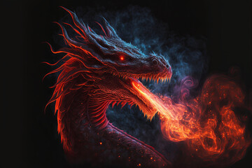 Red dragon breathing fire and smoke on a black background. Mythological creature.