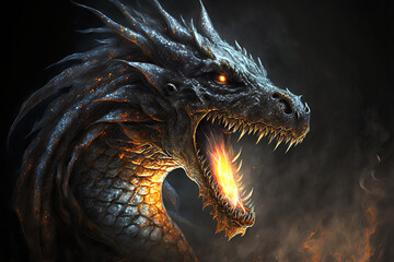 Silver dragon breathing fire and smoke on a black background. Mythological creature.